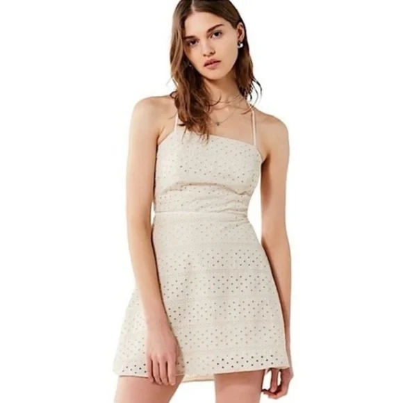Urban Outfitters | Dresses | Urban Outfitters Womens Eyelet Mini Dress Cream  Square Neck Lace Up Back Sz L | Poshmark